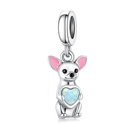 Pandora fitting Chihuahua Dog Charm 925 Sterling Silver & Opal Heart