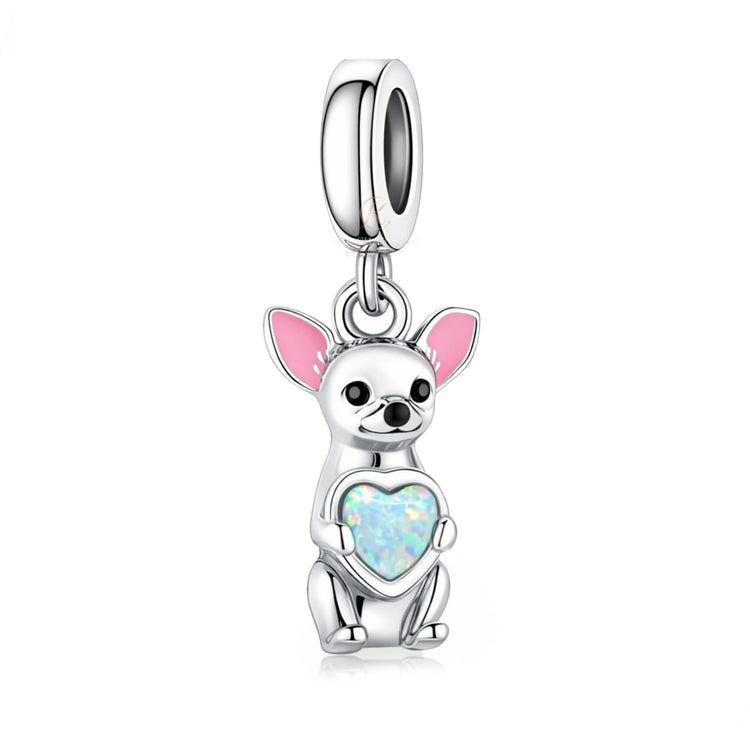 Pandora fitting Chihuahua Dog Charm 925 Sterling Silver & Opal Heart