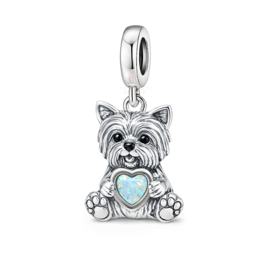 Pandora fitting Yorkshire Terrier Dog Charm 925 Sterling Silver & Opal Heart