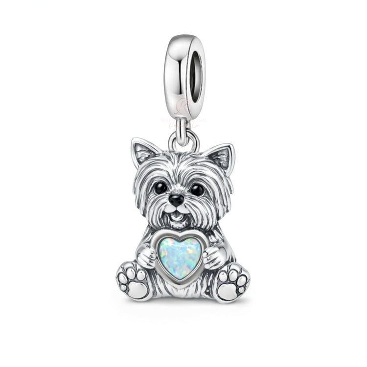 Pandora fitting Yorkshire Terrier Dog Charm 925 Sterling Silver & Opal Heart