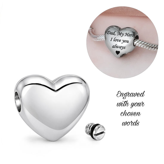 Engraved Silver Self-Fill Ashes Heart Charm - fits pandora