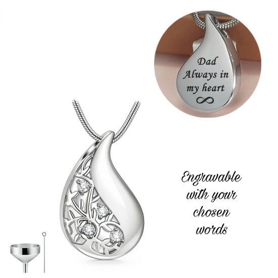 Engraved Tree of Life Teardrop Cremation Ashes Urn Necklace Silver self fill memorial 