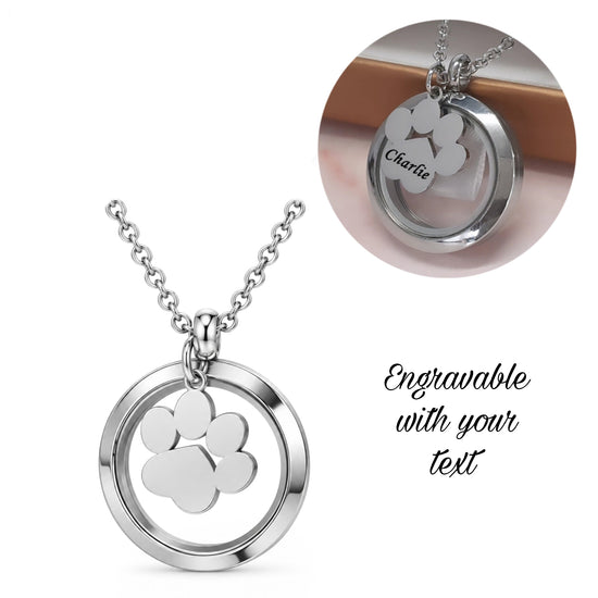 Engravable Silver Dog / Cat Paw Hair or Ashes Glass Circular Locket Urn Necklace