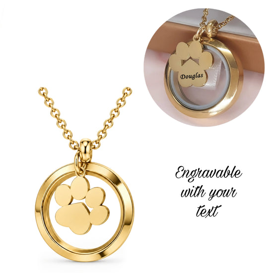 Self fill engraved Gold Dog / Cat Paw Hair or Ashes Glass Circular Locket Urn Necklace