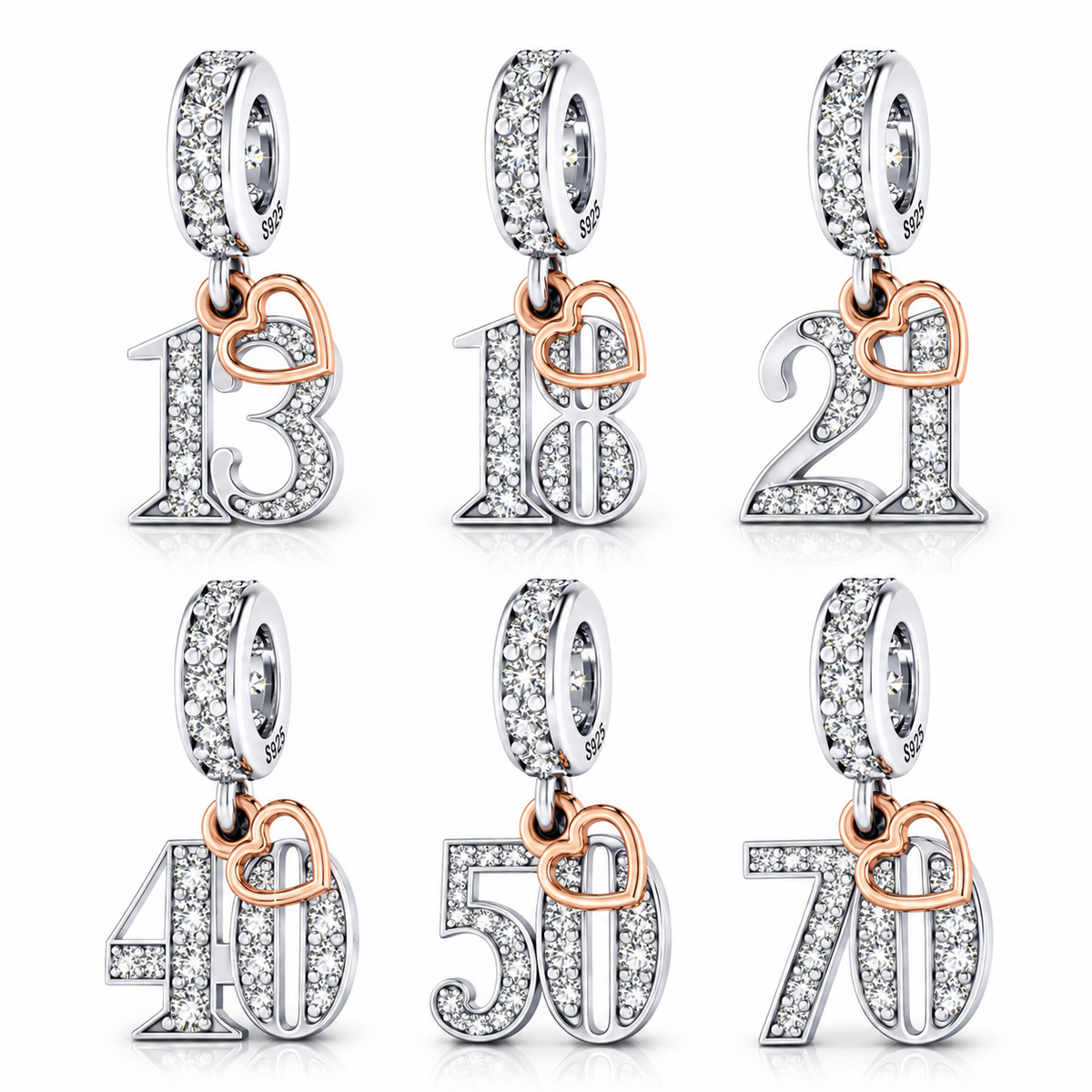 Pandora fitting 13th, 18th, 21st, 40th, 50th or 70th Birthday Years Charm 925 Sterling Silver & Rose Gold