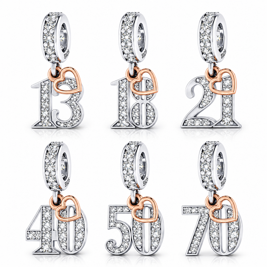 Pandora fitting 13th, 18th, 21st, 40th, 50th or 70th Birthday Years Charm 925 Sterling Silver & Rose Gold