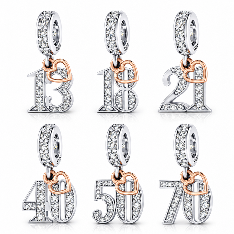 Pandora fitting 13th, 18th, 21st, 40th, 50th or 70th Birthday Years Charm 925 Sterling Silver & Rose Gold
