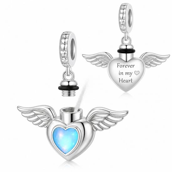 Pandora fitting Angel Wings Self-Fill Cremation Ashes Urn Charm 925 Sterling Silver & Moonstone