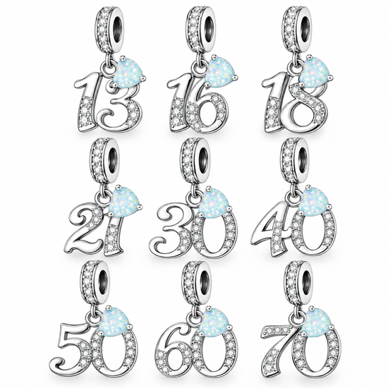 Pandora fitting 13th, 16th, 18th, 21st, 30th, 40th, 50th, 60th or 70th Birthday Charm 925 Sterling Silver & Opal