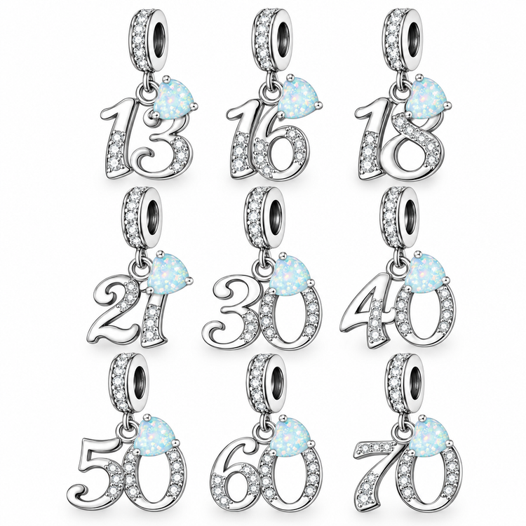 Pandora fitting 13th, 16th, 18th, 21st, 30th, 40th, 50th, 60th or 70th Birthday Charm 925 Sterling Silver & Opal