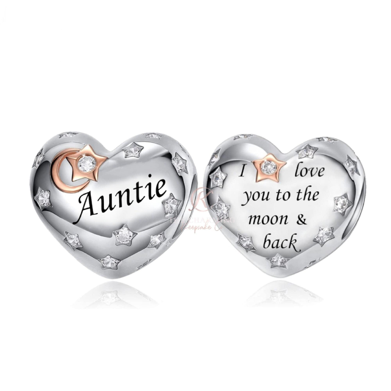 Pandora fitting Auntie Heart Charm Love you to the Moon 925 Sterling Silver
