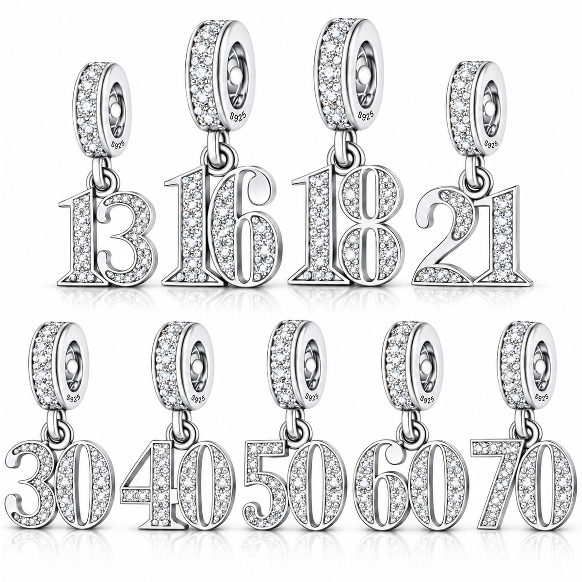 Pandora fitting 13th, 16th, 18th, 21st, 30th, 40th, 50th, 60th or 70th Birthday Years Charm 925 Sterling Silver