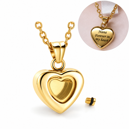 Engraved Gold Ashes Glass Heart Urn Necklace Self Fill