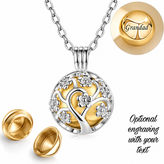 Engraved Silver & Gold Family Tree Cremation Ashes Urn Locket Necklace Self Fill