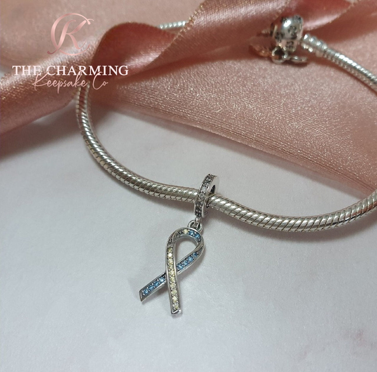 Down Syndrome Awareness Ribbon Charm Genuine 925 Sterling Silver - Blue and Yellow