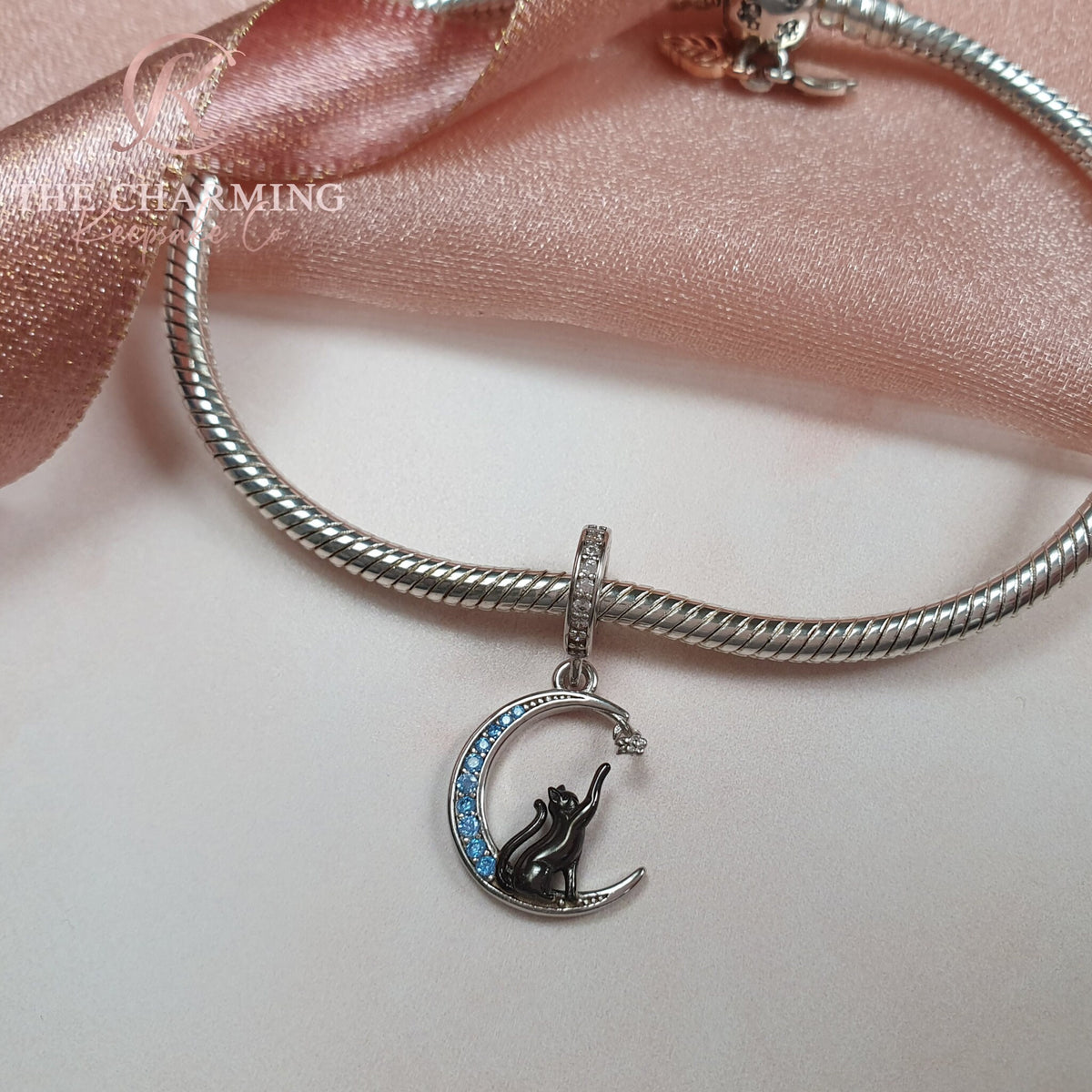 Black Cat in the Moon Charm Genuine 925 Sterling Silver