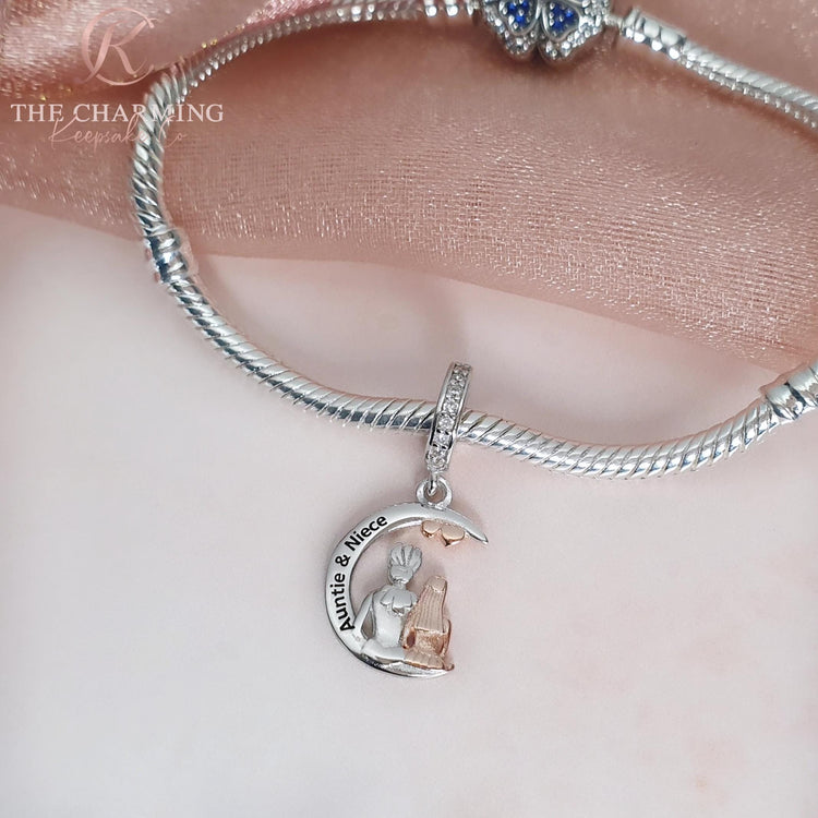 Niece & Auntie Charm Genuine 925 Sterling Silver and Rose Gold in moon - fits pandora