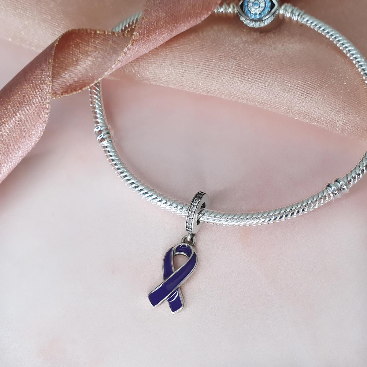 Purple Awareness Ribbon Charm Genuine 925 Sterling Silver