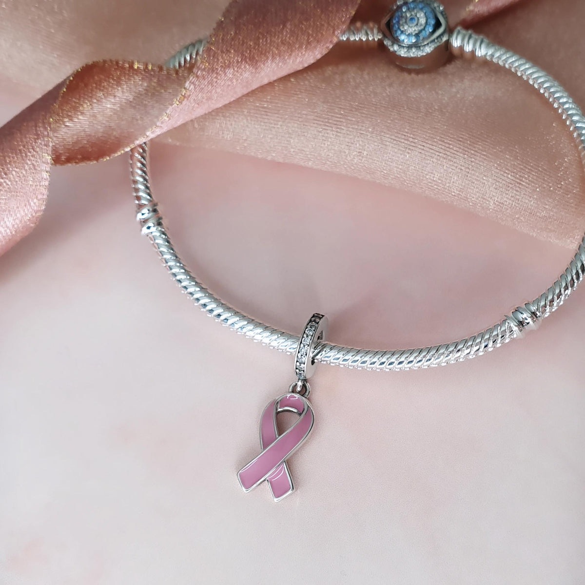 Pink Cancer Awareness Ribbon Charm Genuine 925 Sterling Silver