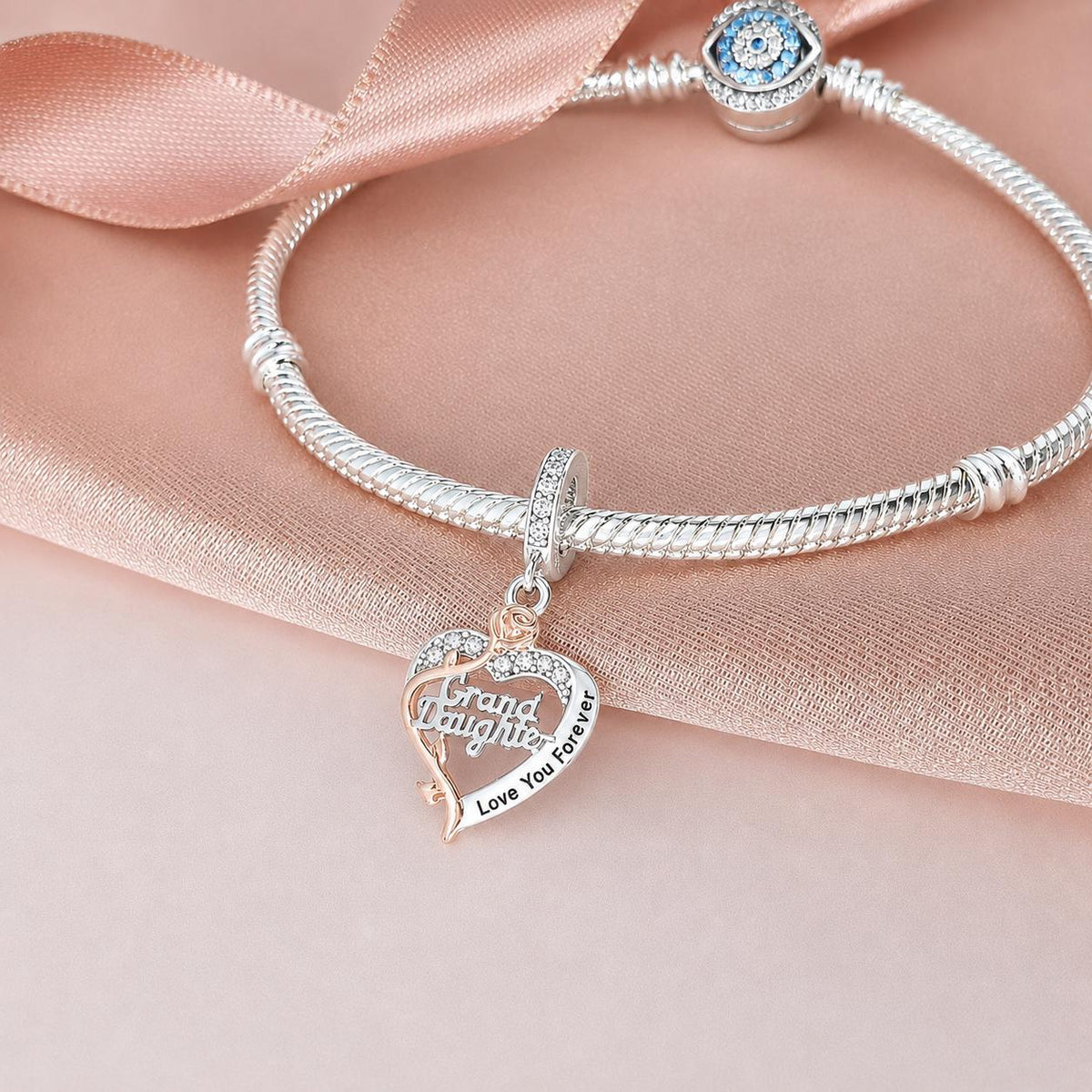 Granddaughter Heart Charm Genuine 925 Sterling Silver Rose Gold - Love You Forever