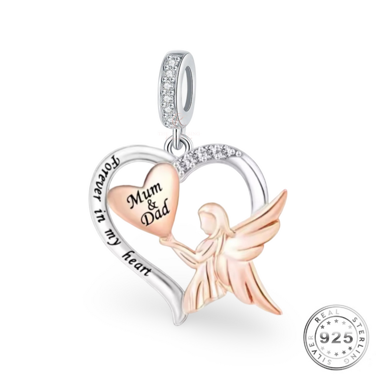 Mum & Dad Guardian Angel Wings Charm 925 Sterling Silver & Rose Gold fits Pandora