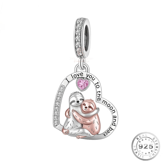 Sloth Charm I Love You To The Moon & Back 925 Sterling Silver & Rose Gold fits Pandora