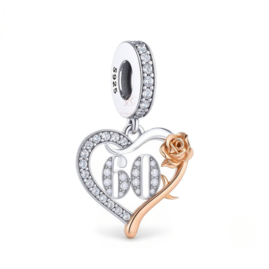 60th Birthday Charm 925 Sterling Silver and Rose Gold fits Pandora bracelets