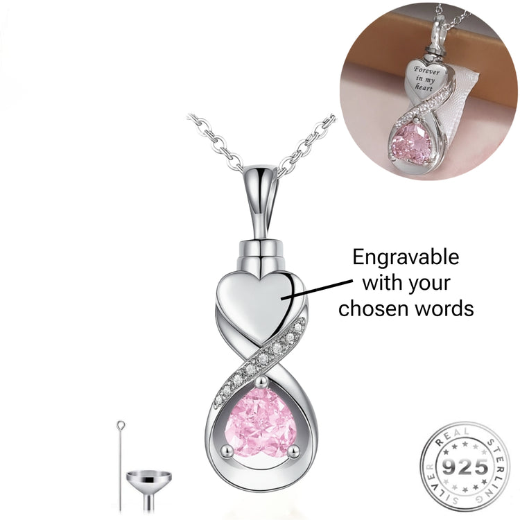 Engraved Pink Infinity Cremation Ashes Urn Necklace 925 Sterling Silver - Personalised