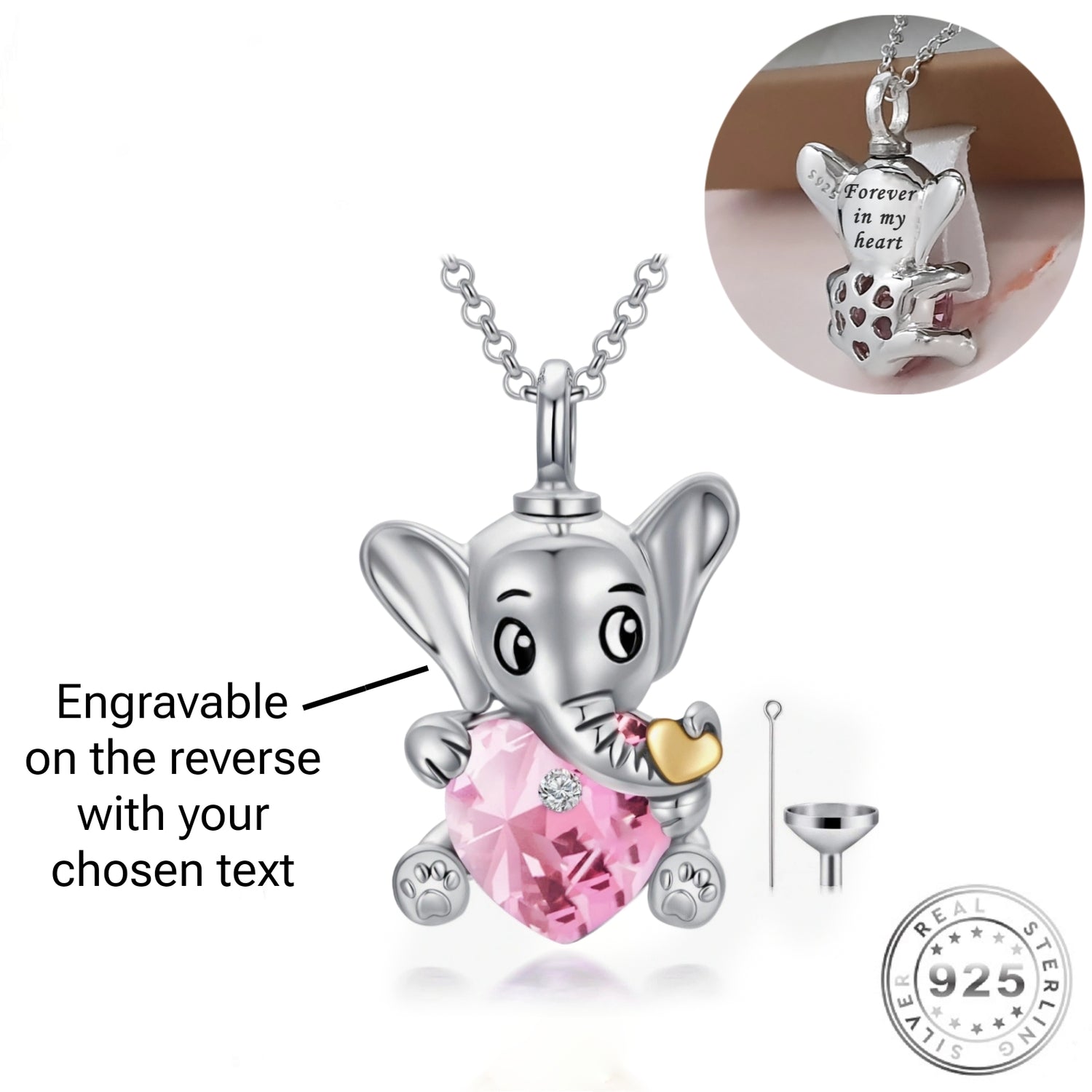 Engraved Baby Elephant Cremation Ashes Urn Necklace 925 Sterling Silver - Personalised keepsake