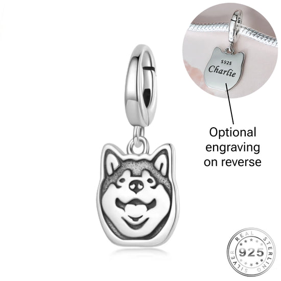 Pandora fitting Engraved Husky Dog Charm 925 Sterling Silver - Personalised
