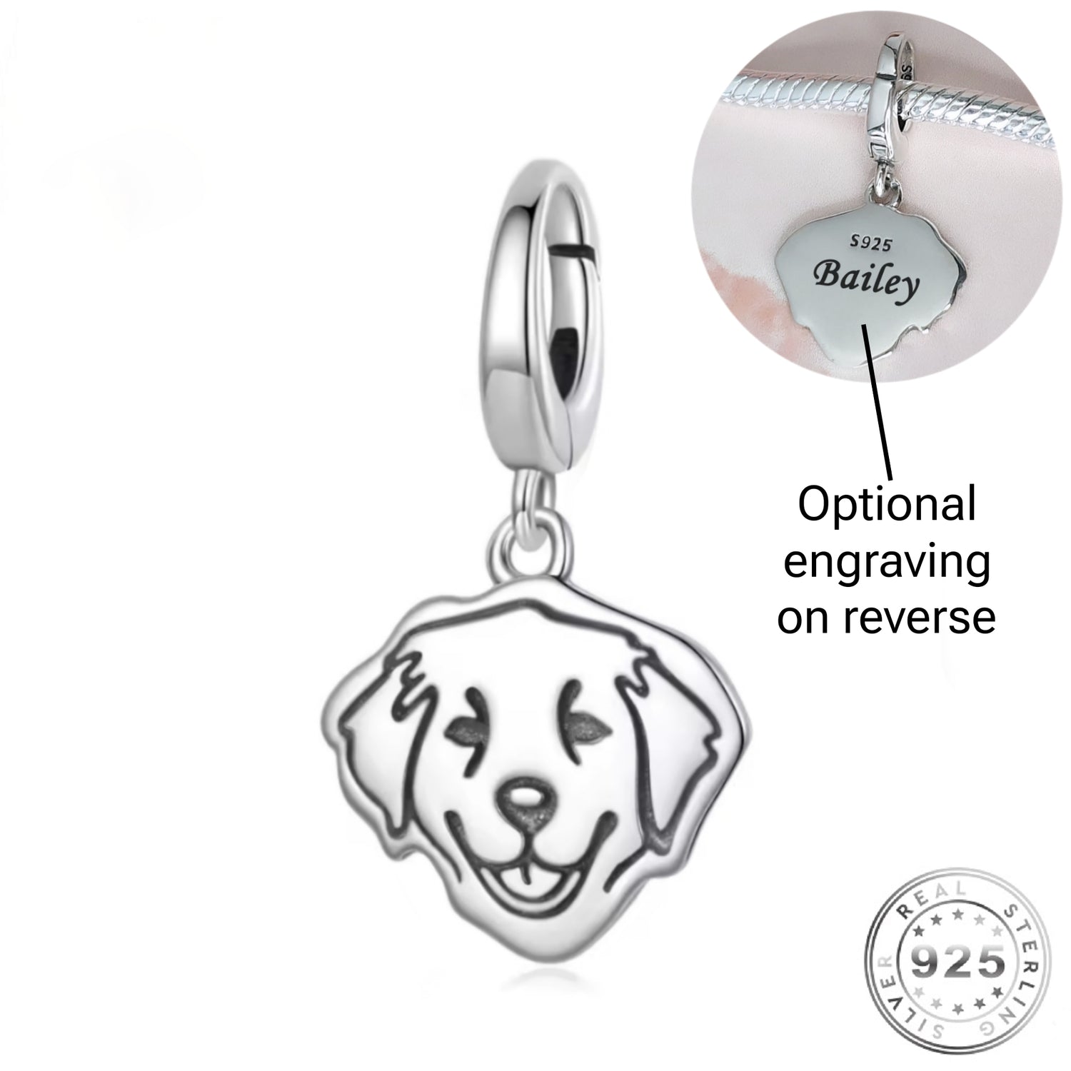 pandora fitting Engraved Golden Retriever / Labrador Dog Charm 925 Sterling Silver - Personalised clip on