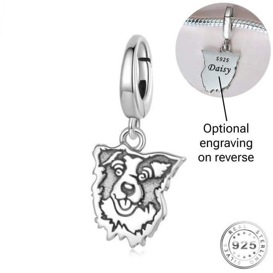 Pandora fitting Engraved Border Collie  dog Charm 925 Sterling Silver - Personalised clip on lobster clasp
