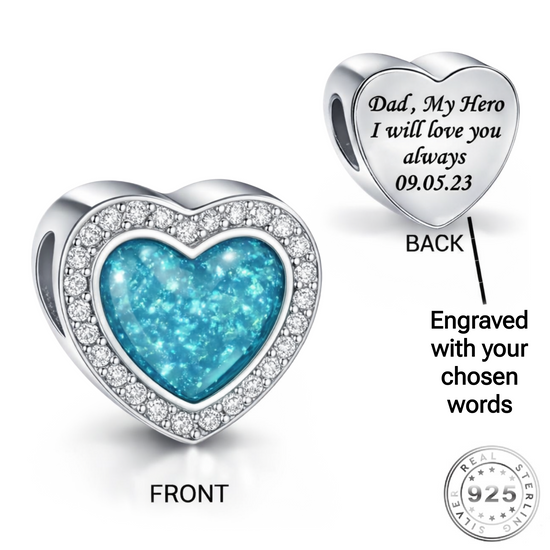 pandora fitting cremation Ashes & Resin Heart Charm 925 Sterling Silver engraved