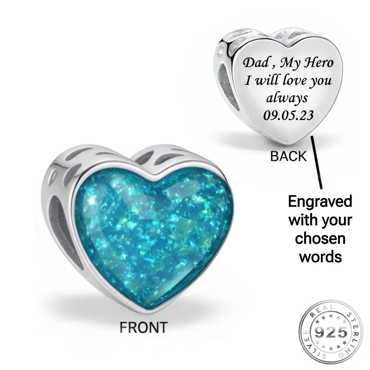 pandora fitting Engraved cremation Ashes & Resin Heart Charm 925 Sterling Silver