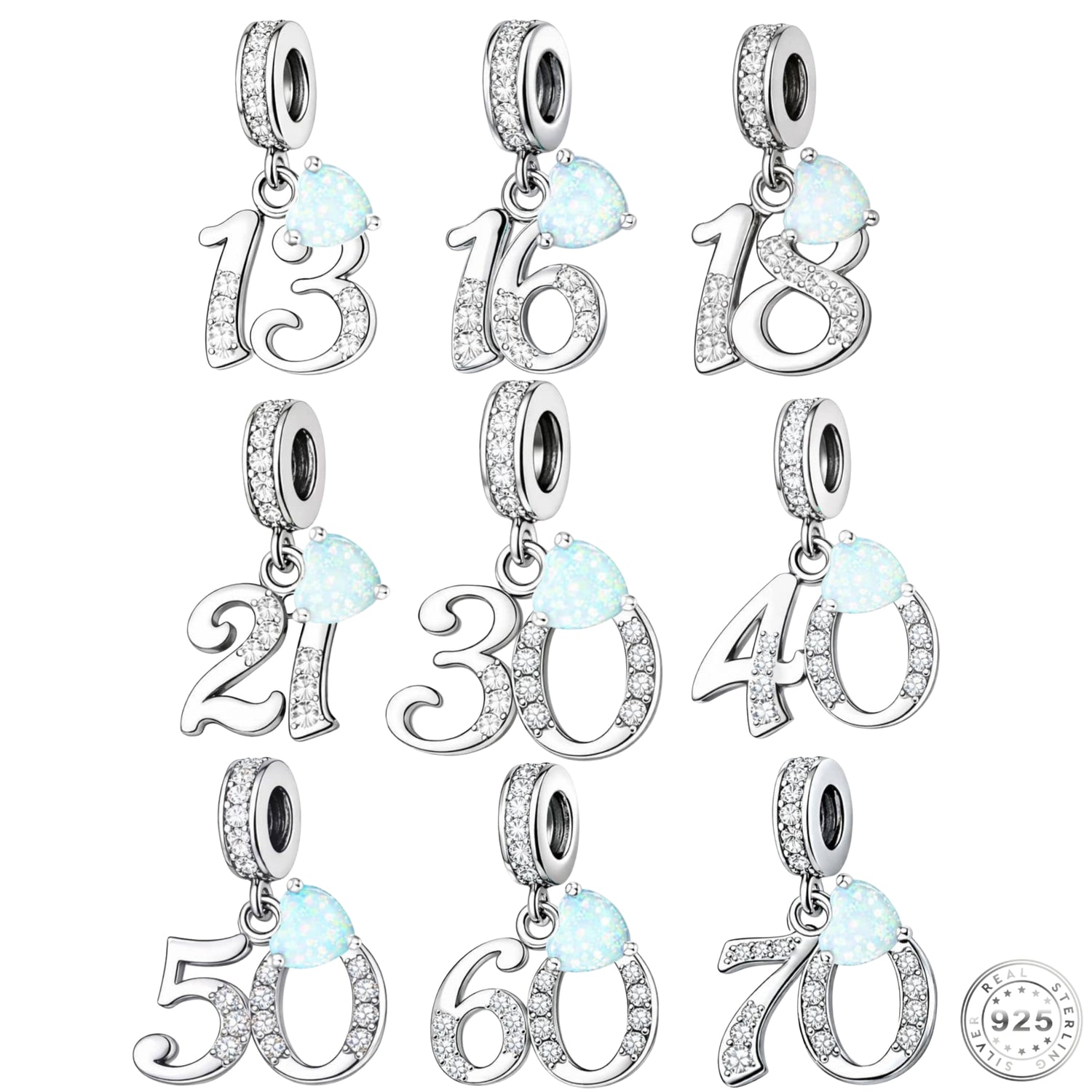 Pandora fitting 13th, 16th, 18th, 21st, 30th, 40th, 50th, 60th or 70th Birthday Charm 925 Sterling Silver & Opal