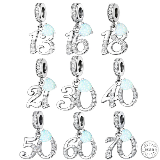 Pandora fitting 13th, 16th, 18th, 21st, 30th, 40th, 50th, 60th or 70th Birthday Charm 925 Sterling Silver & Opal