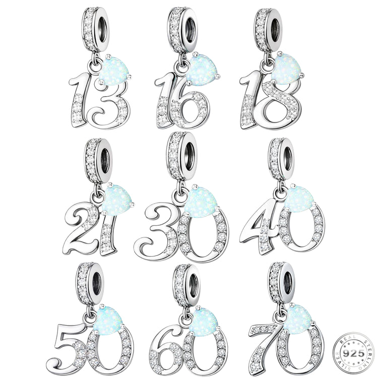 Pandora fitting 13th, 16th, 18th, 21st, 30th, 40th, 50th, 60th or 70th Birthday Charm 925 Sterling Silver & Opal
