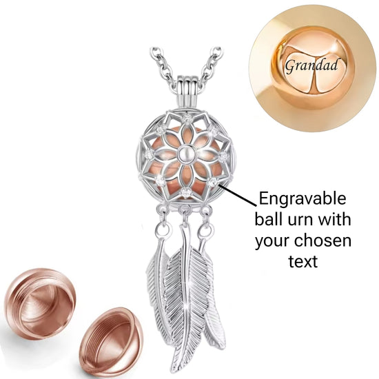 Engravable Silver & Rose Gold Dream Catcher Cremation Ashes / Hair Urn Locket Necklace