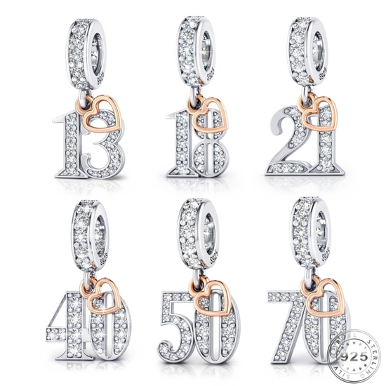 Pandora fitting 13th, 18th, 21st, 40th, 50th or 70th Birthday Years Charm 925 Sterling Silver & Rose Gold