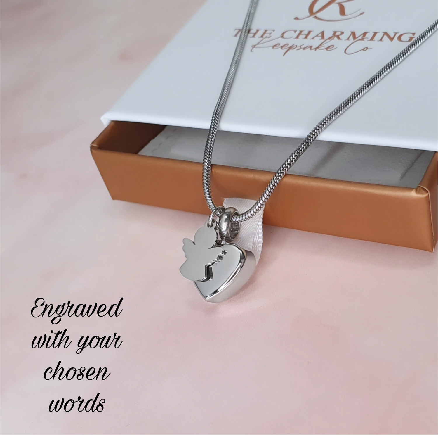 Engraved Silver or Gold Small Heart & Guardian Angel Pendant Ashes Urn Necklace Memorial 