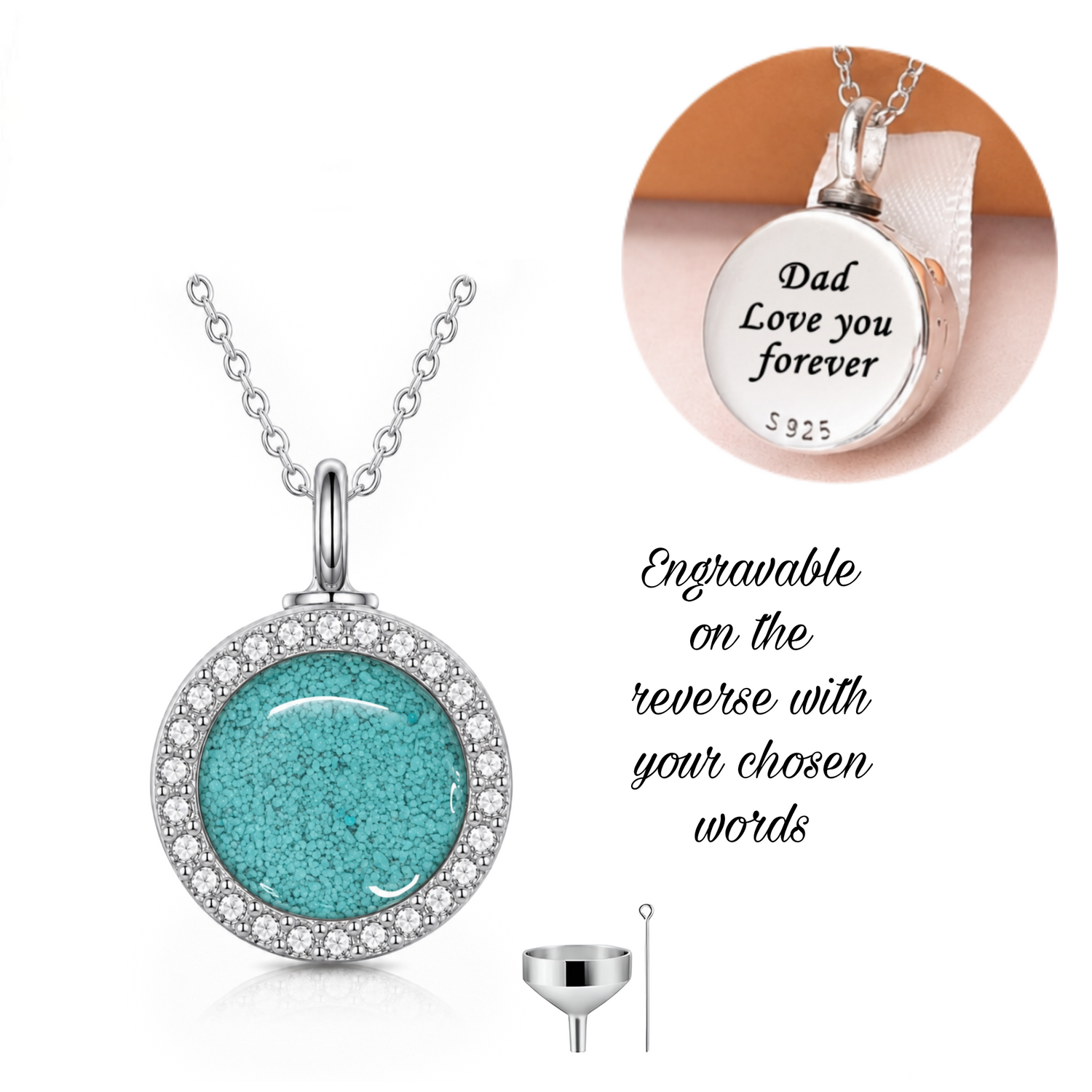 Engraved Self Fill Ashes Urn Necklace 925 Sterling Silver memorial