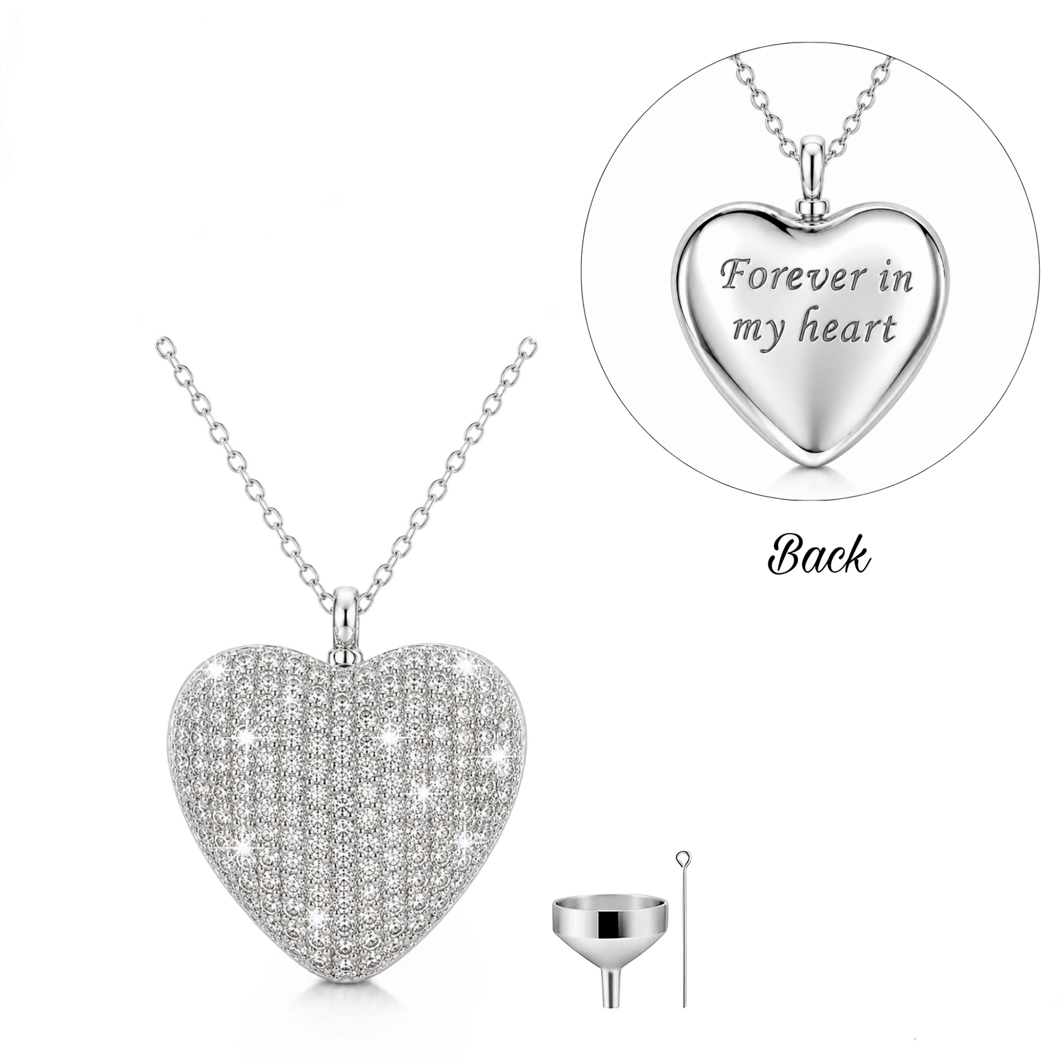 Crystal Heart Ashes Urn Necklace 925 Sterling Silver self fill memorial