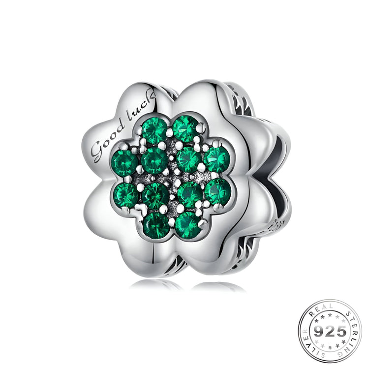 Green Four Leaf Clover Charm 925 Sterling Silver - Good Luck (fits pandora )