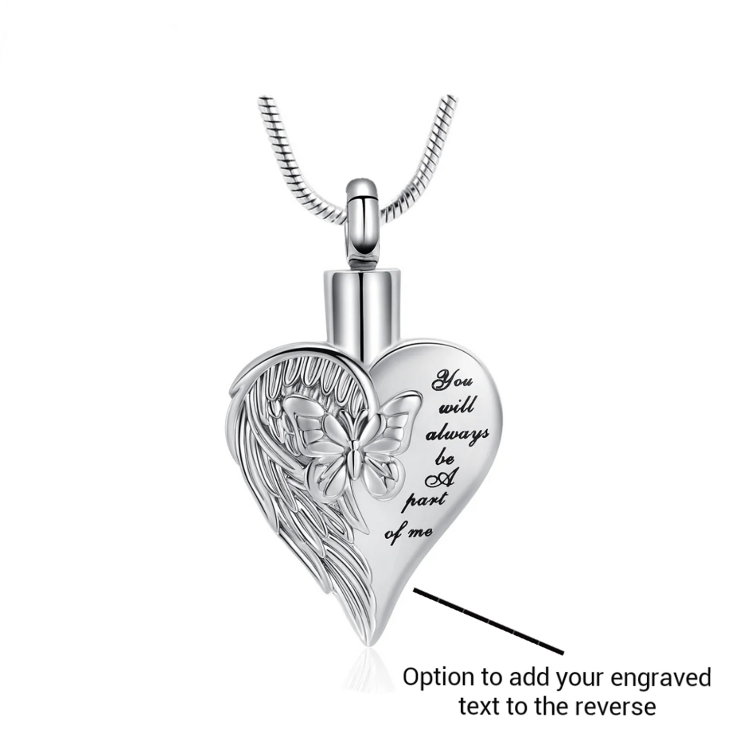 Engraved Angel Wing & Butterfly Cremation Ashes Urn Necklace Silver memorial