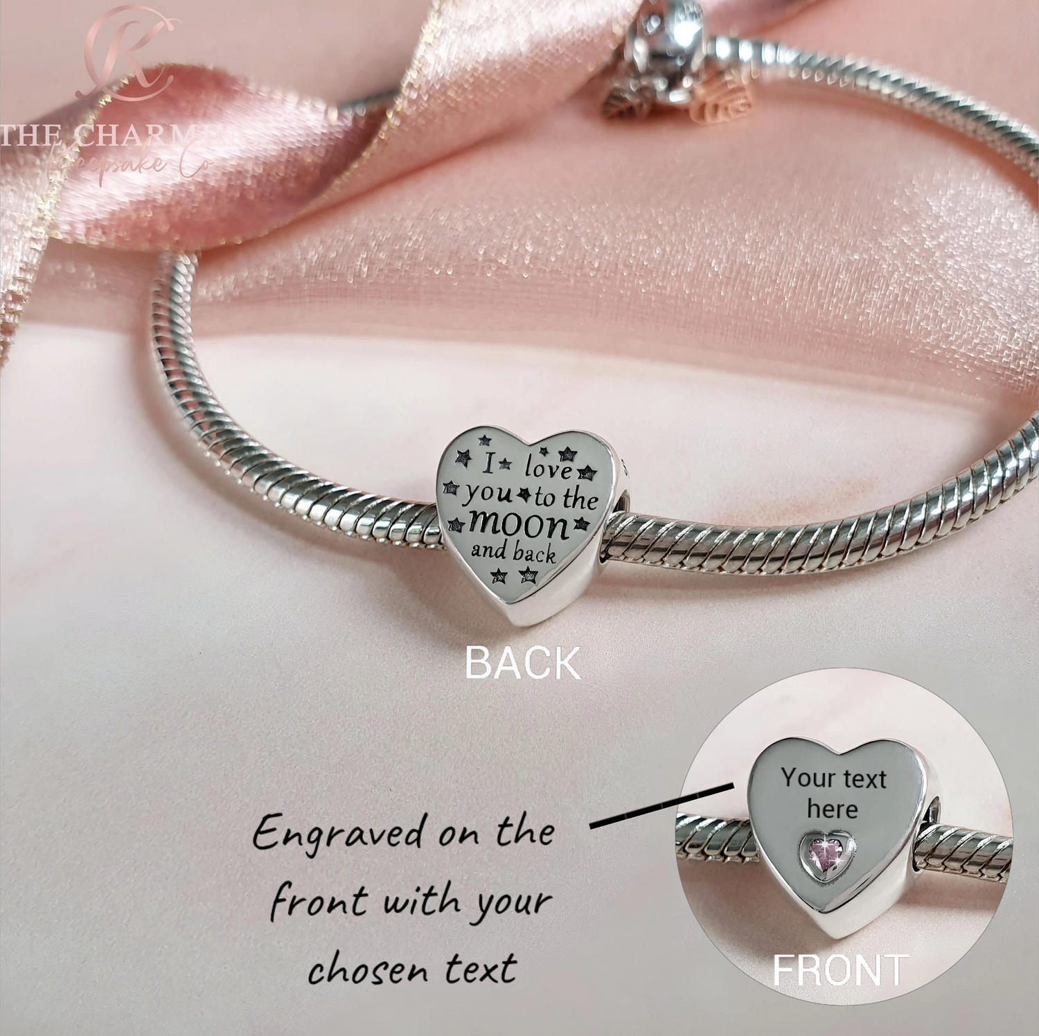 Engraved I Love You To The Moon Charm 925 Sterling Silver - Personalised with your text ( fits pandora ) Valentines Day Gift