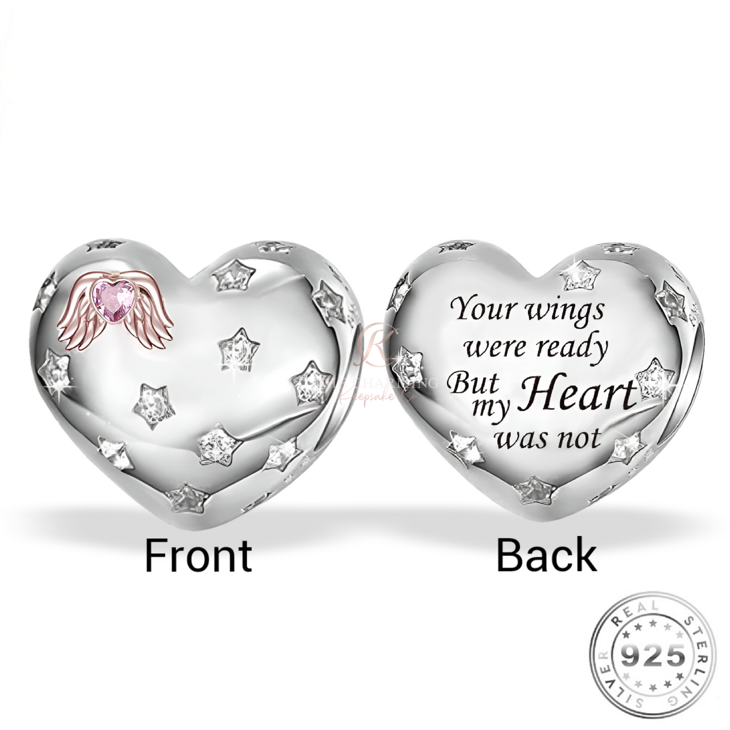 Angel Wings Heart Charm Genuine 925 Sterling Silver  - Your wings were ready but my heart was not - fits Pandora