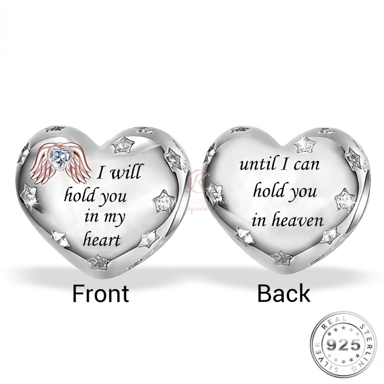 Angel Wings Heart Charm 925 Sterling Silver  I will hold you in my heart until I can hold you in heaven - fits Pandora
