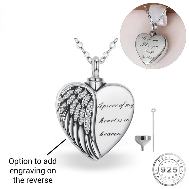 Engravable Angel Wings Ashes Urn Necklace 925 Sterling Silver - Personalised self fill keepsake