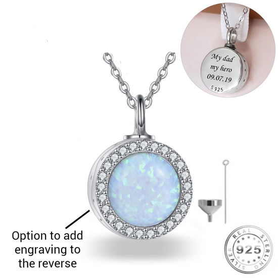 Engraved Cremation Ashes Self fill Urn Necklace 925 Sterling Silver & Opal - Personalised / Remembrance Keepsake