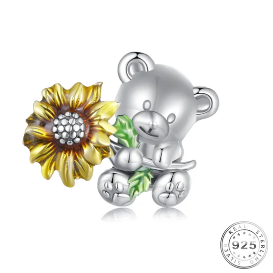 Teddy Bear & Sunflower Charm 925 Sterling Silver